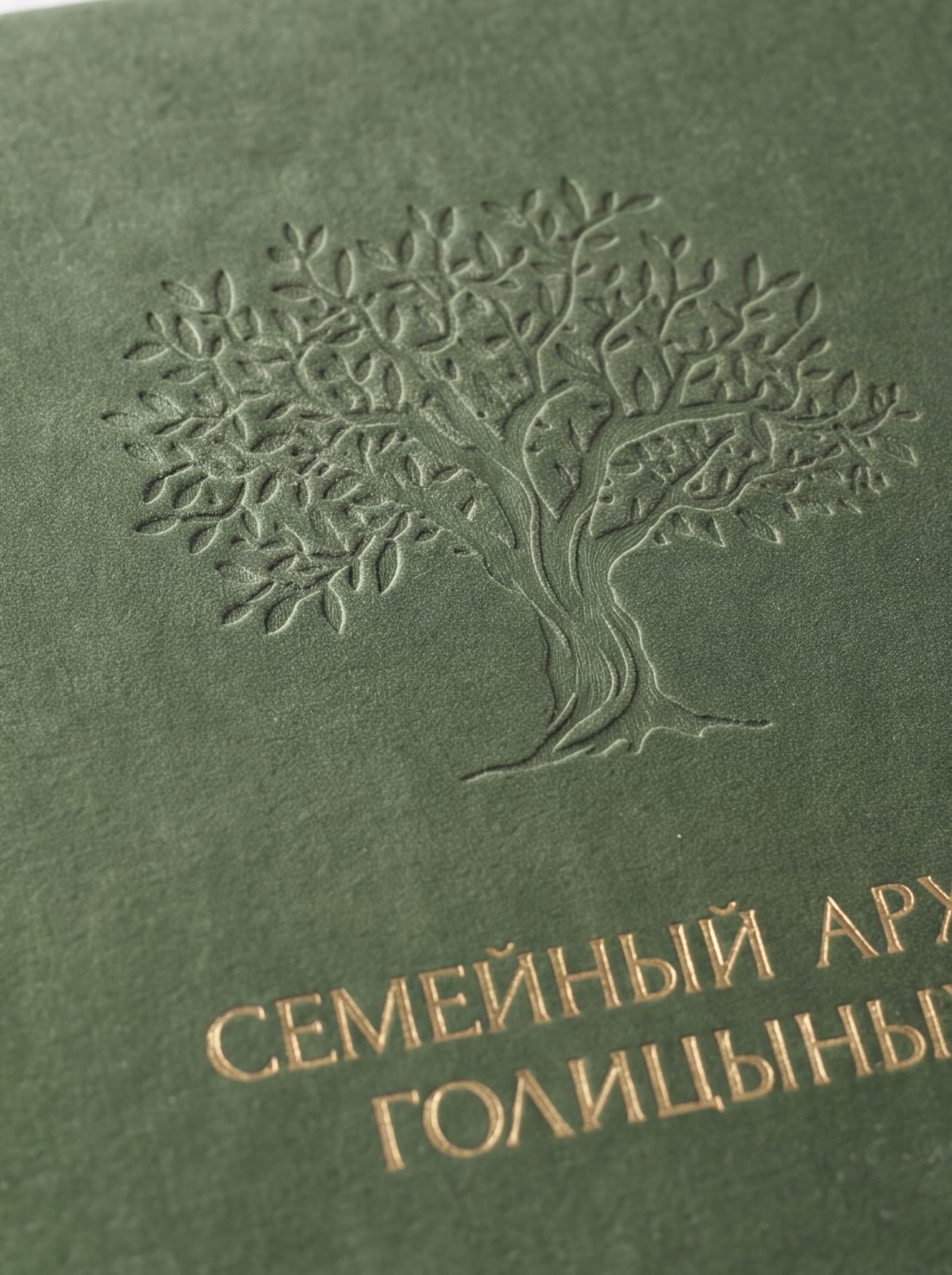 Крупный план тиснения по оливковой обложке